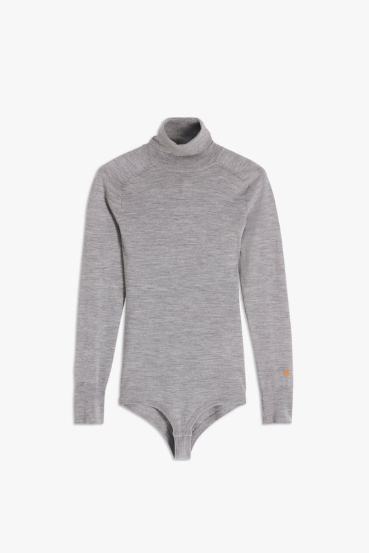 A light grey marl, long-sleeved Poloneck Bodysuit in Grey Marl by Victoria Beckham, made from luxurious merino wool, featuring a small emblem on the left sleeve.