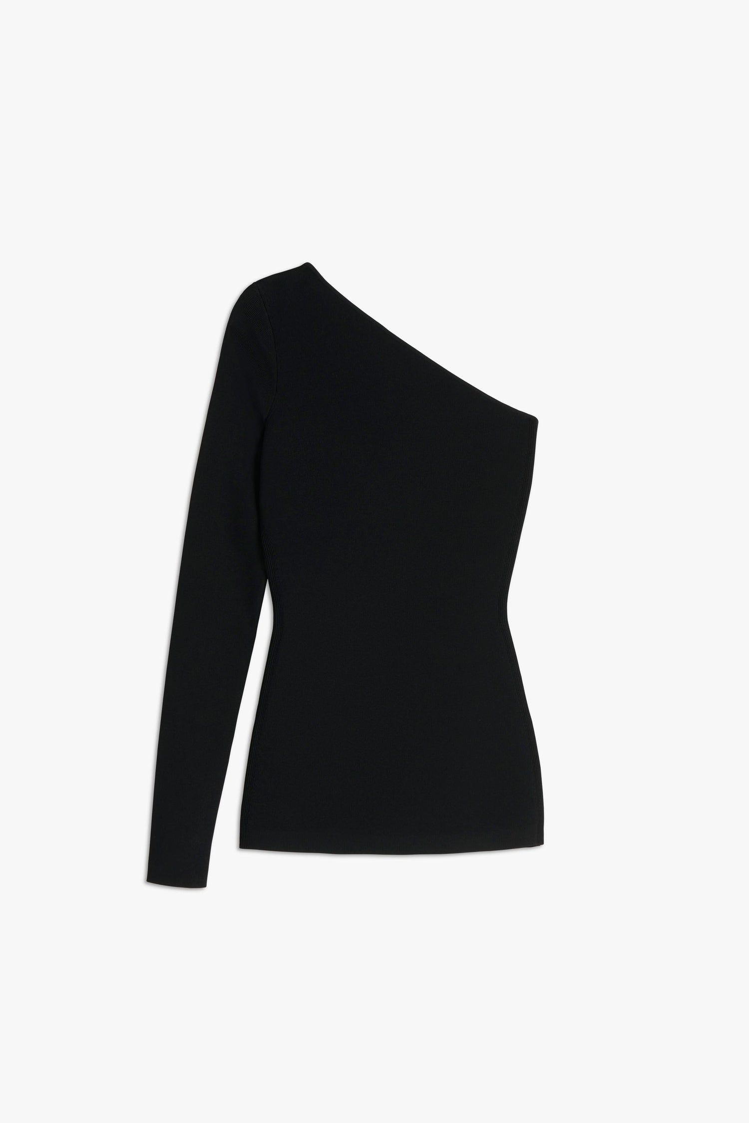 Product image of the black one shoulder long-sleeve top in a stretch fabric knit material. This knit top from Victoria Beckham is part of a knit co-ord set.