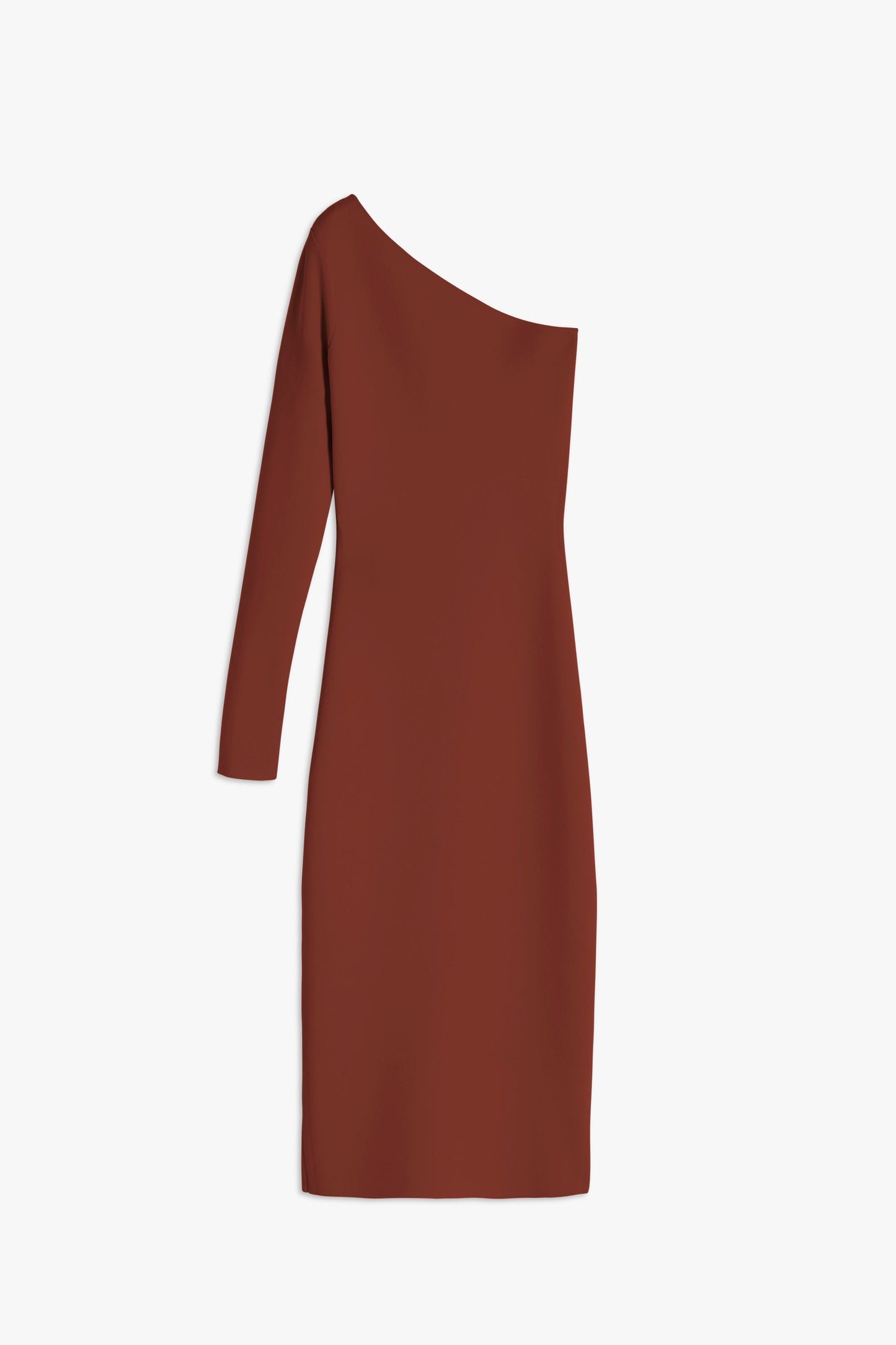 Product view of the brown body con midi dress from Victoria Beckham. A compact knit stretch fabric designer dress, with a one sleeve design with a crew neck for a classic, minimal sun dress fit.