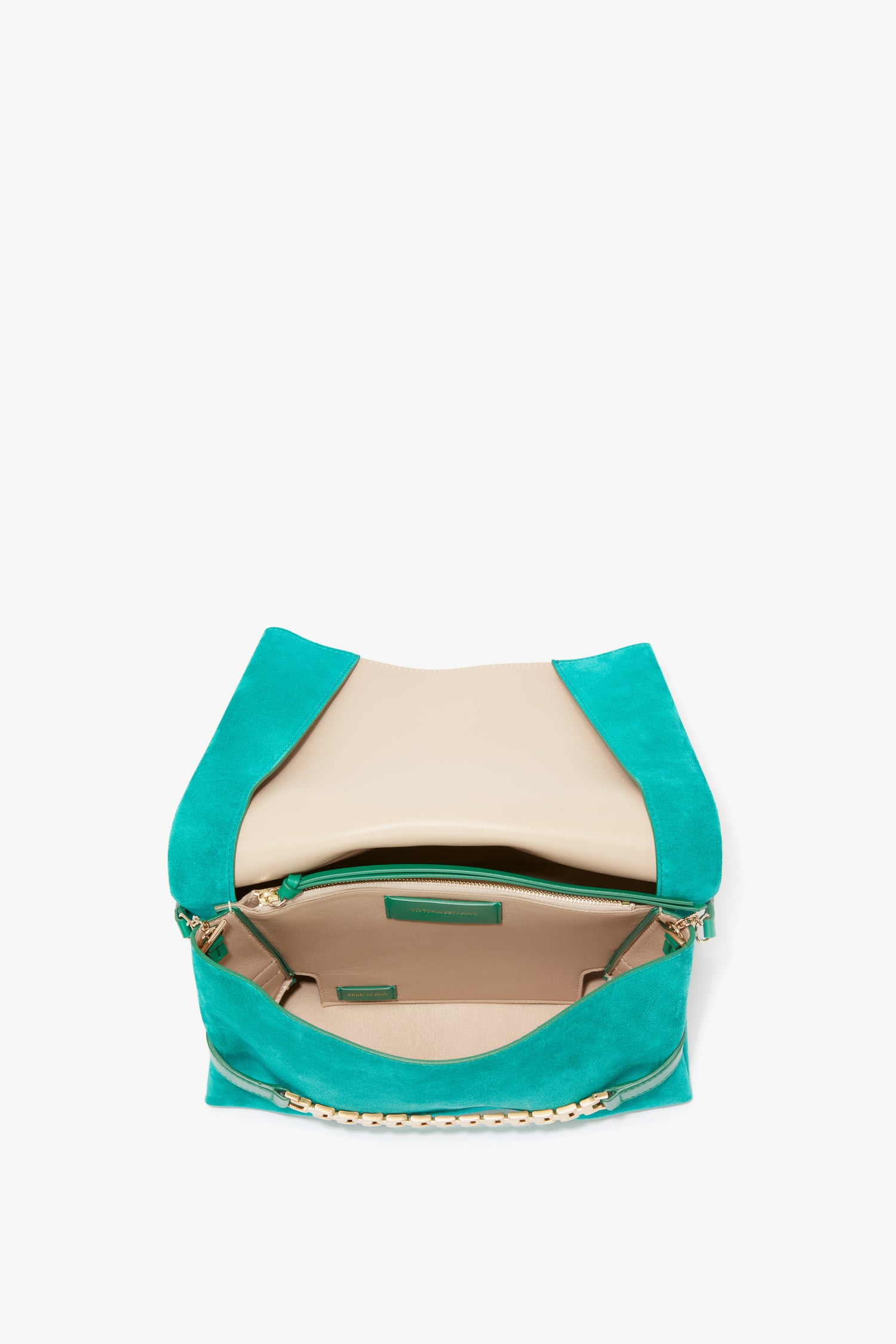 Victoria Beckham Chain Pouch Bag with Strap in Malachite Suede