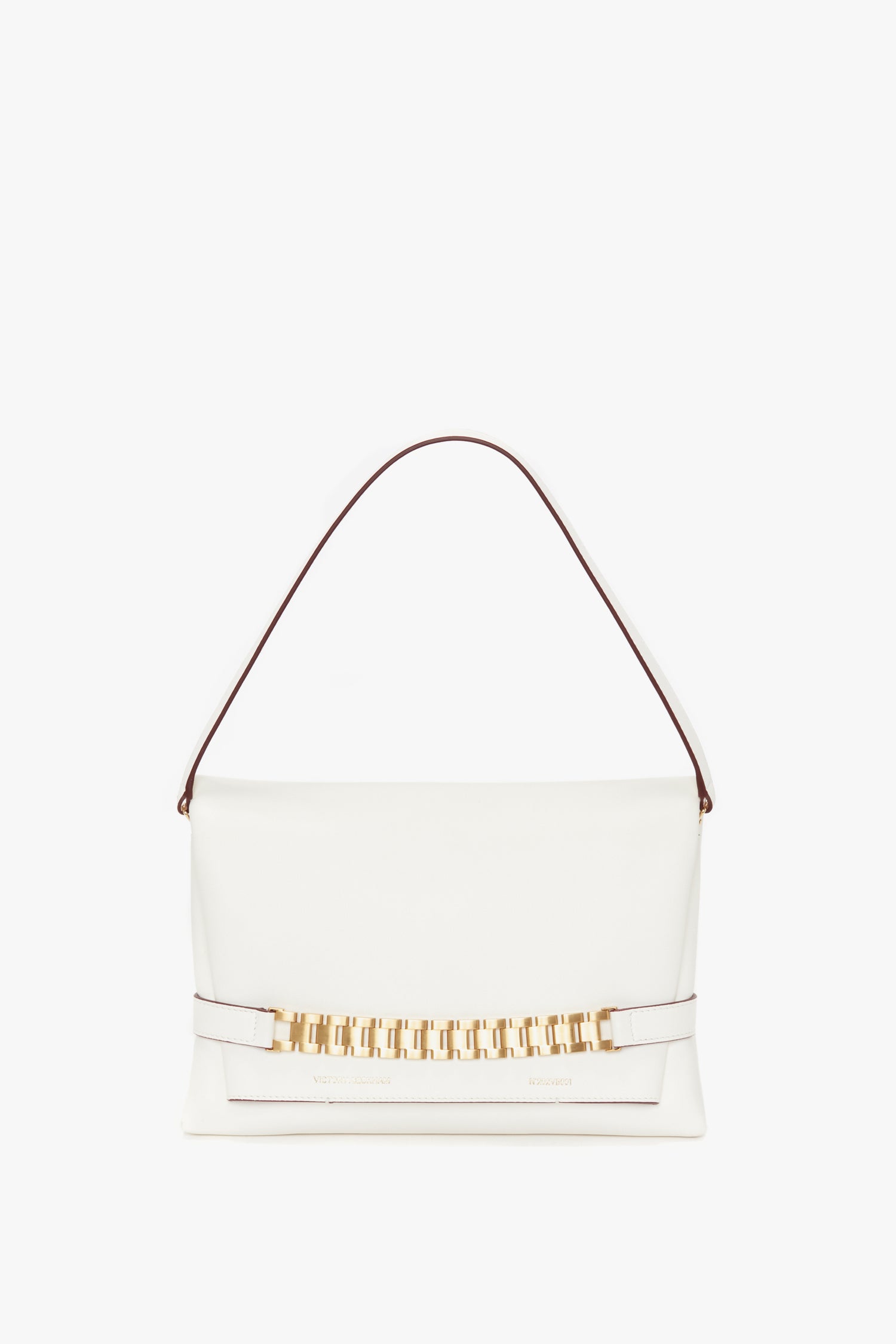 A white Victoria Beckham Chain Pouch with Strap In White Leather, featuring a gold chain detail and a single brown handle, isolated on a white background.