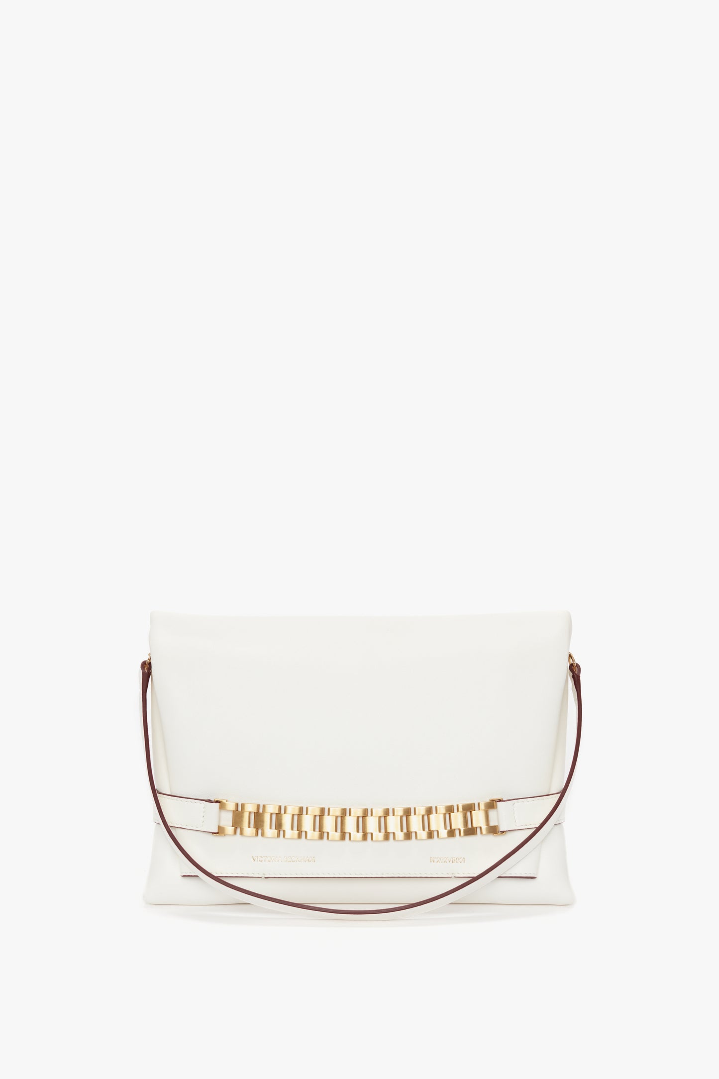 White Nappa leather chain pouch with strap, isolated on a white background by Victoria Beckham.