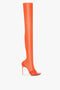 A single, bright orange Pointy Toe Mesh Boot in Orange by Victoria Beckham with a stylish peep toe and slim, high gold heel is displayed against a plain white background.