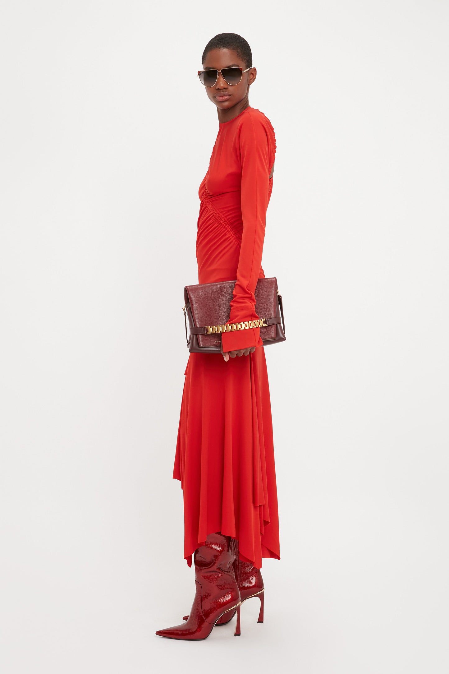 Asymmetric Slash Jersey Dress In Crimson