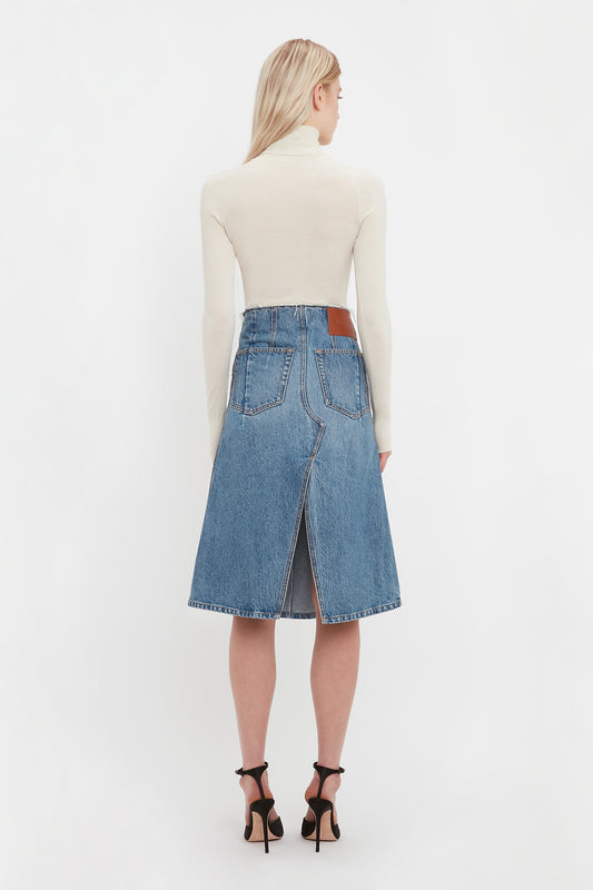 Deconstructed Denim Midi Skirt In Vintage Wash