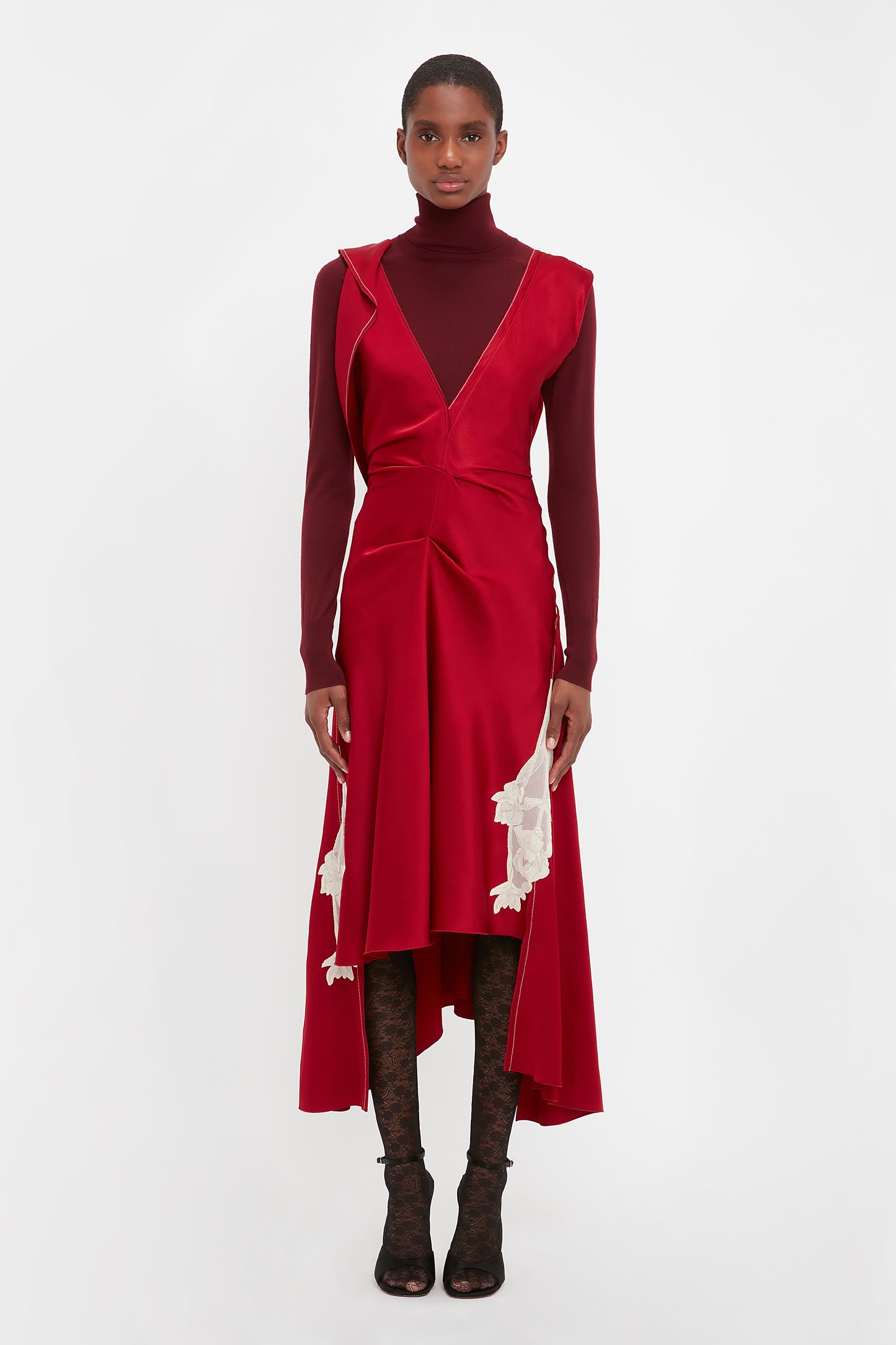 Draped Lace Midi Dress In Poppy Red