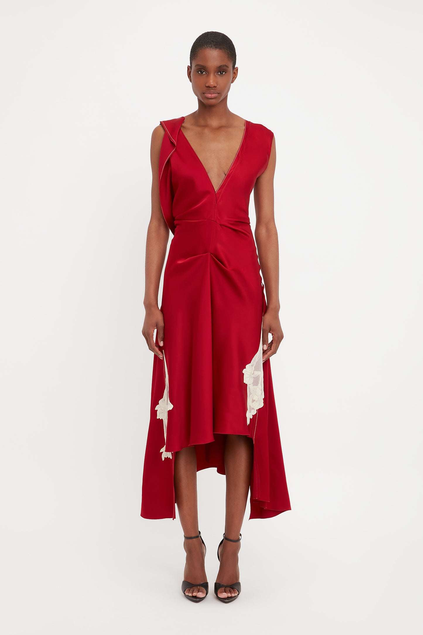 Draped Lace Midi Dress In Poppy Red