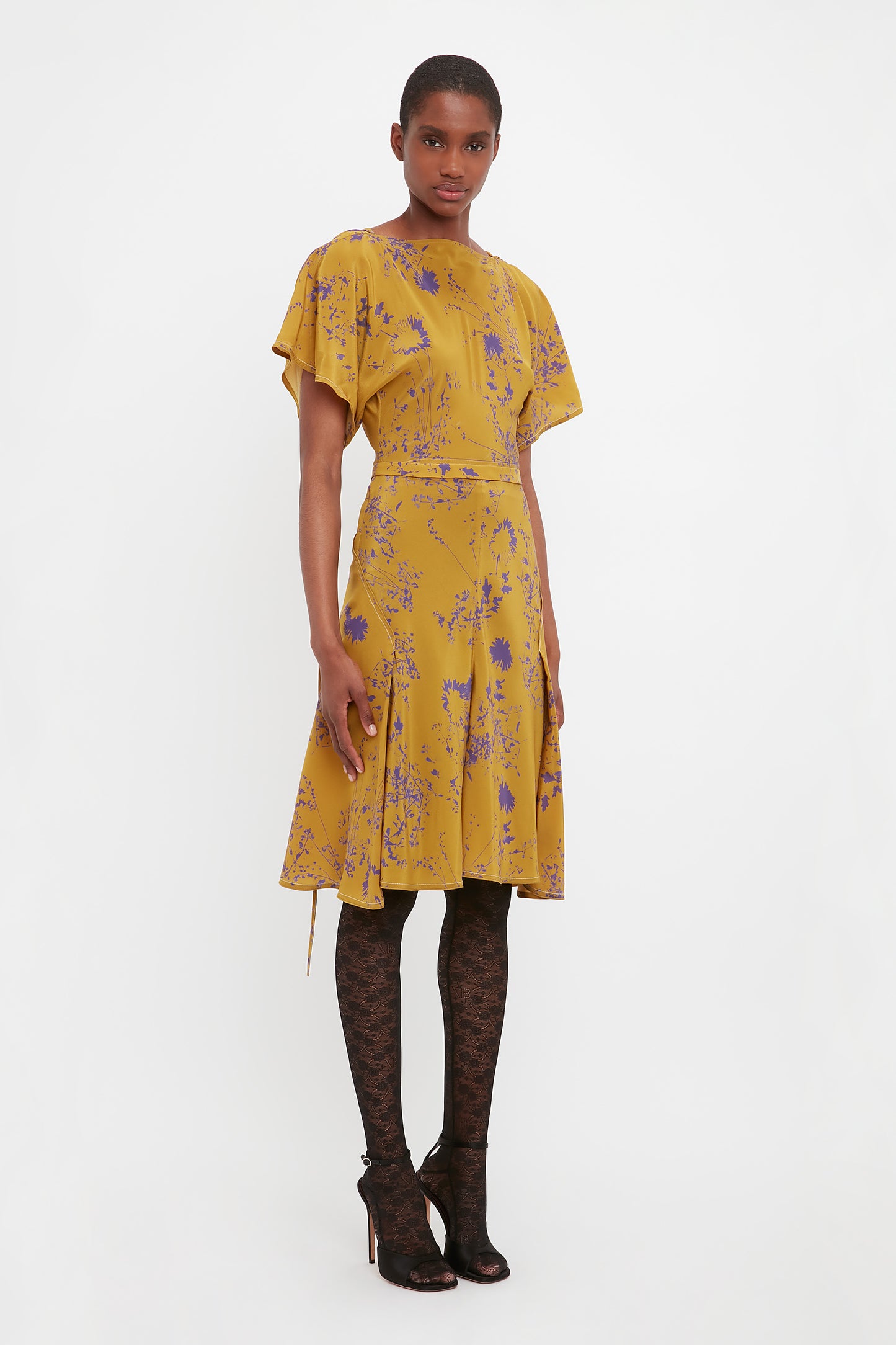 Draped Sleeve Dress In Yellow Ochre
