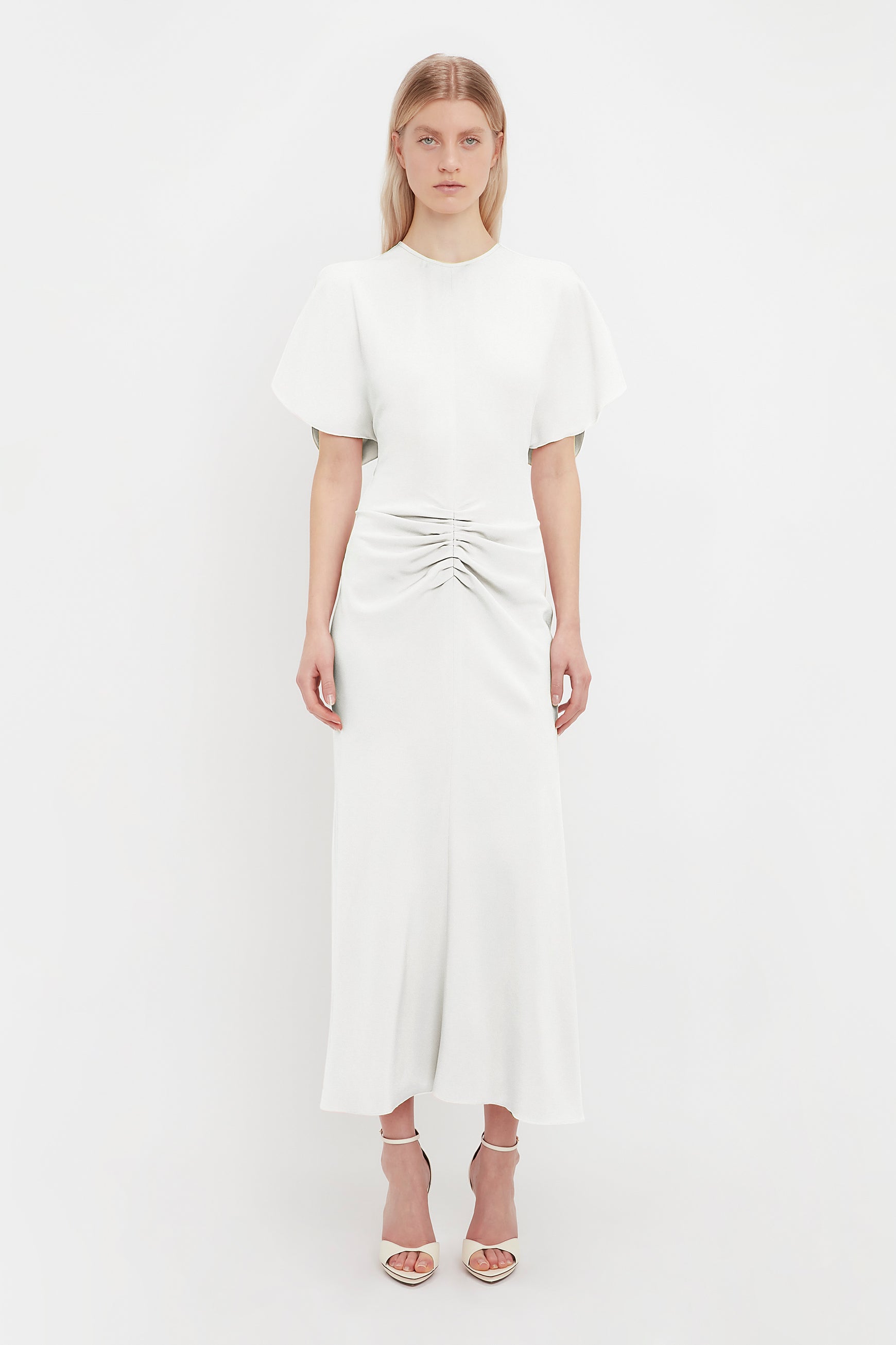 Exclusive Gathered Waist Midi Dress In Ivory