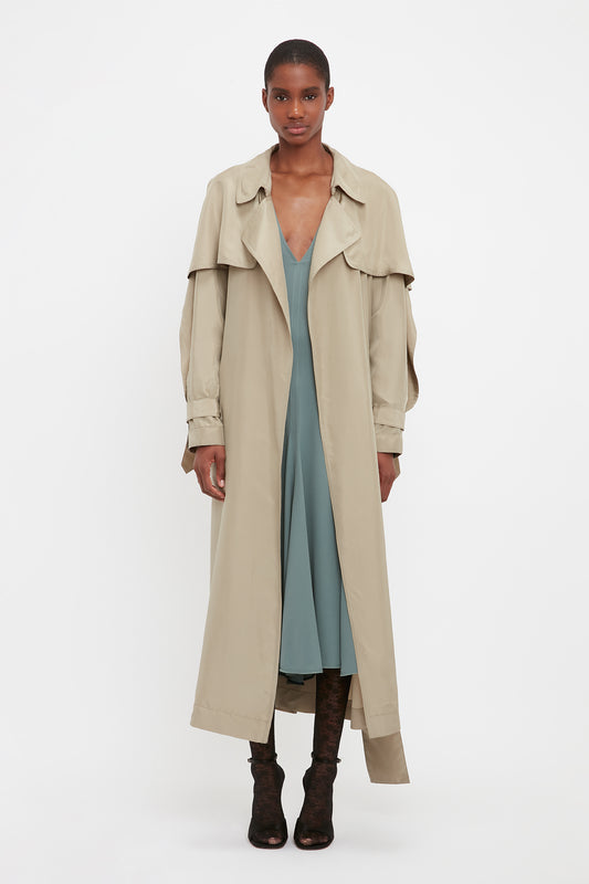 Pleated Back Fluid Trench Coat In Lichen Green
