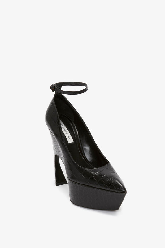 Ankle Strap Wedge Pump In Black Croc-Effect Leather