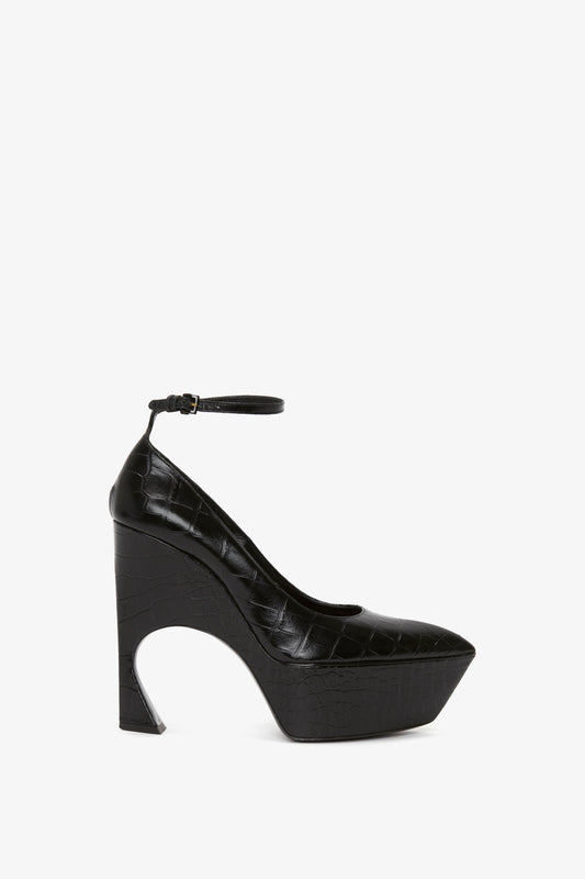 Ankle Strap Wedge Pump In Black Croc-Effect Leather